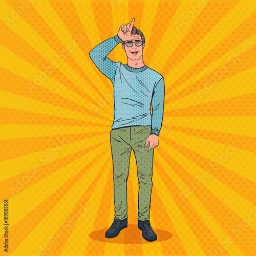 Pop Art Man Showing Loser Sign on Forehead. Negative Human Emotion Facial Expression. Vector illustration