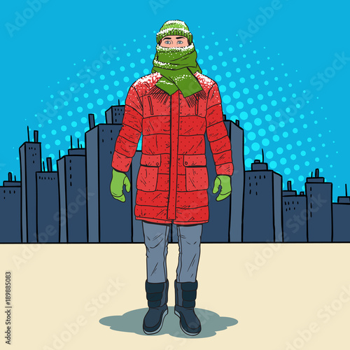 Pop Art Frozen Man in Warm Winter Clothes in the City. Cold Weather. Vector illustration