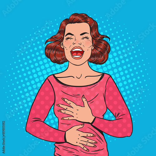Pop Art Portrait of Happy Woman Laughing Hard with Hands on Her Belly. Positive Emotion Facial Expression. Vector illustation