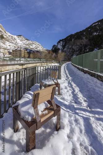 Valira riverside hiking trail througt Canillo village. Andorra.