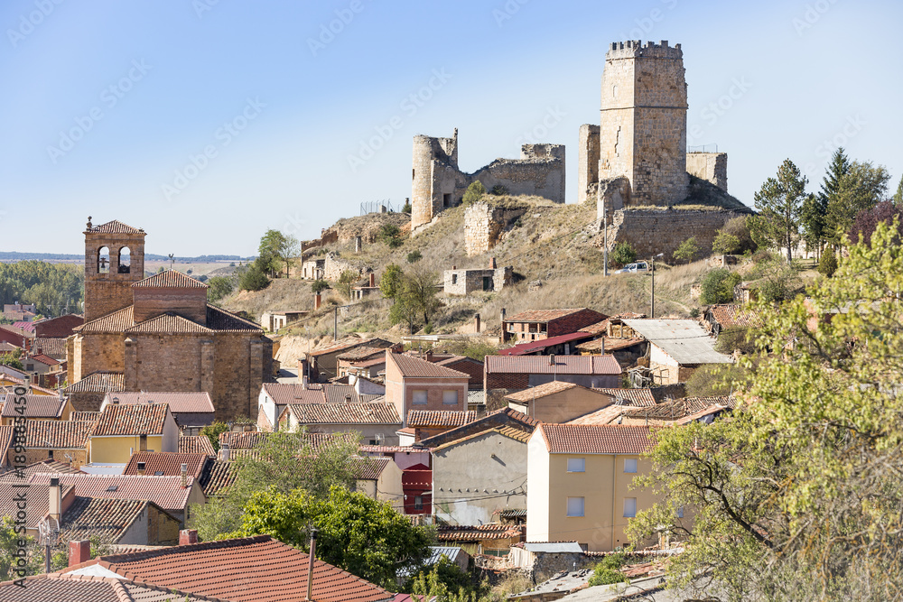 a view of Coruña del Conde village and the castle, province of Burgos, Spain
