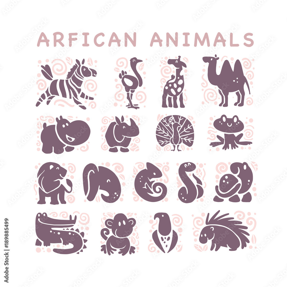 Vector collection of flat African cute animal icons isolated on white background. Tribal style animals and birds symbols. Hand drawn emblems. Perfect for logo design, infographic, prints etc.