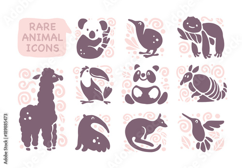 Vector collection of flat cute animal icons isolated on white background. Rare animals and birds symbols. Hand drawn exotic tropic animal emblems. Perfect for logo design, infographic, prints etc.