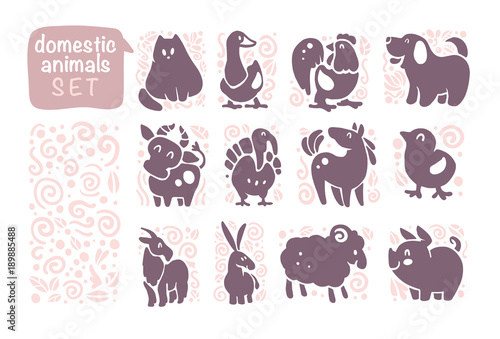 Vector collection of flat domestic cute animal icons isolated on white background. Farm animals and birds symbols. Hand drawn home animal emblems. Perfect for logo design, infographic, prints etc.