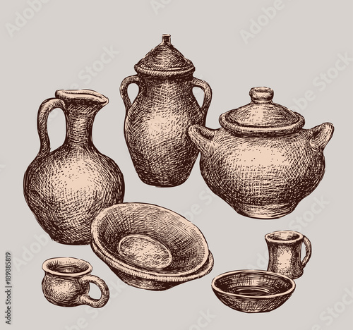 set of different clayware
