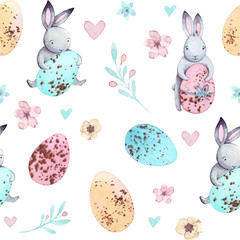 Wandcirkels Aquarel prints patronen Watercolr pattern cute easter bunnies. Vintage holiday design. Artistic spring illustration  © BloomPix