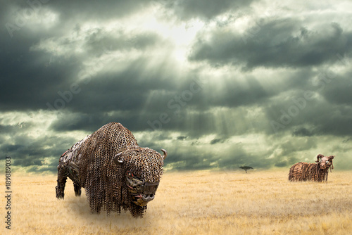 Iron buffalo made of iron scrap walking in dry prairie watched by a wild ram from distance. Open plain landscape with Amercian bison photo