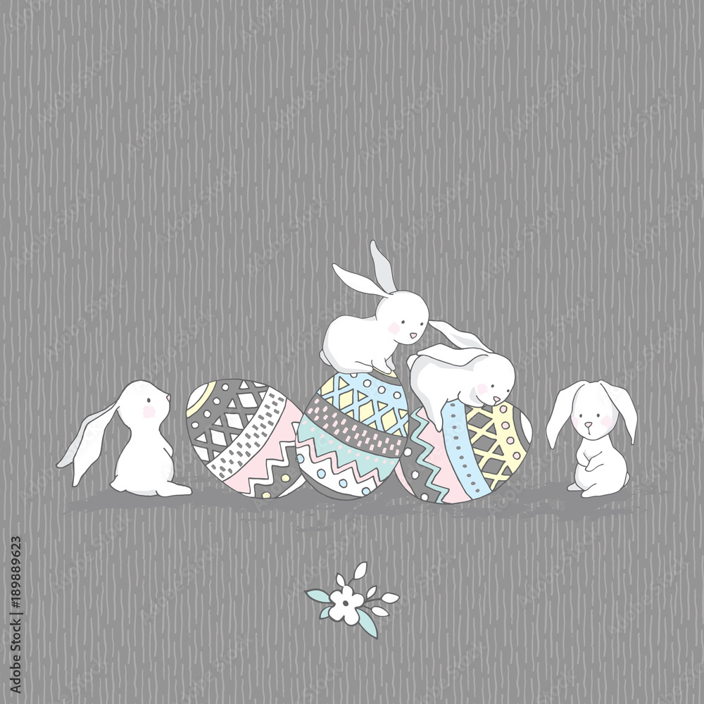 Obraz premium Vector Easter Greeting Card. Cute Rabbits with Eggs. Gray seamless patterns are included