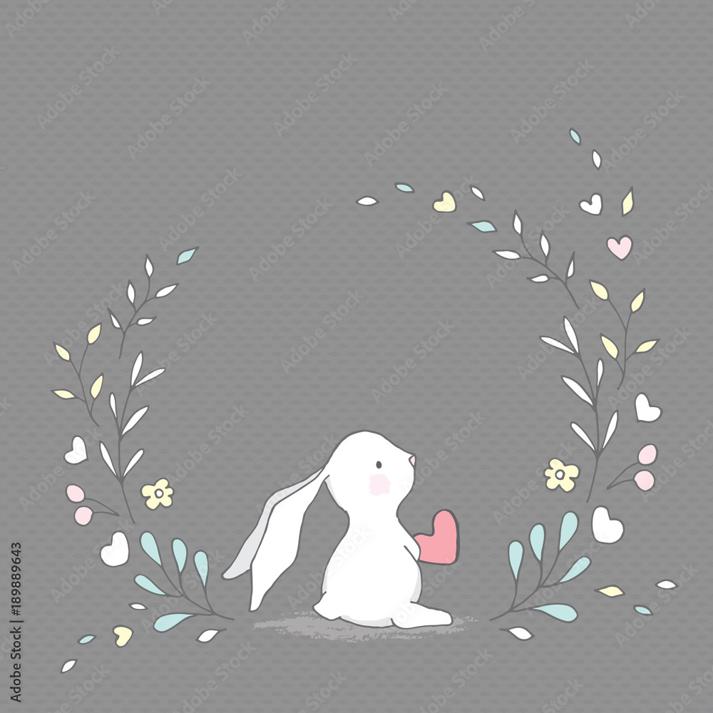 Fototapeta premium Vector Greeting Card. Cute Rabbit with Heart. Gray seamless patterns are included