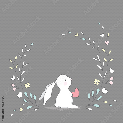 Vector Greeting Card. Cute Rabbit with Heart. Gray seamless patterns are included