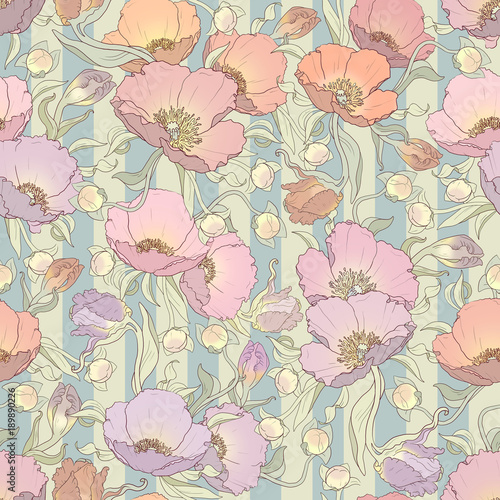 seamless floral pattern in orange, pink, lilac and purple colors: repeated poppies ornament on striped turquoise and light green background 12x x12 inches' © anastasia_art