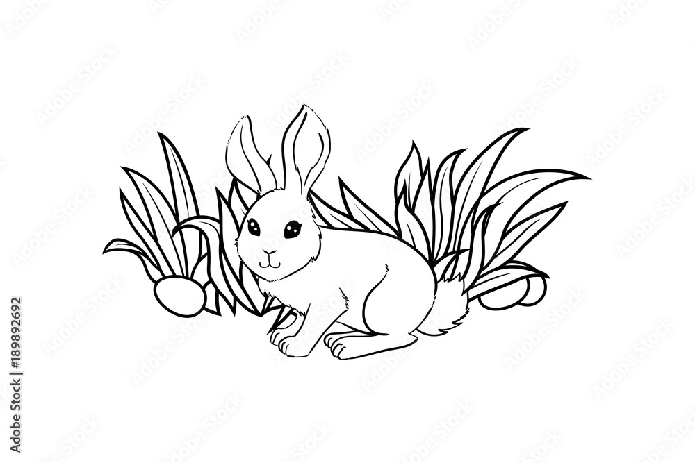 Happy Easter Card with Rabbit, Eggs, Grass. Banner design. Vector illustration for a coloring book Happy Easter Card with Rabbit, Eggs, Grass. Banner design. Vector illustration for a coloring book