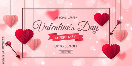 Vector romantic template of sale horizontal banner for Valentine’s Day with red and pink realistic paper hearts, arrows, ribbon and frame. Holiday blur background for discount and special offers.