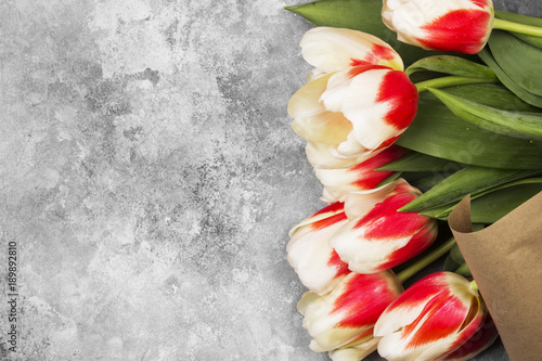 Fototapeta Naklejka Na Ścianę i Meble -  Bouquet of white pink tulips on a gray background. Top view, copy space