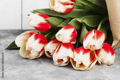 Fototapeta Naklejka Na Ścianę i Meble -  Bouquet of white pink tulips on a gray background