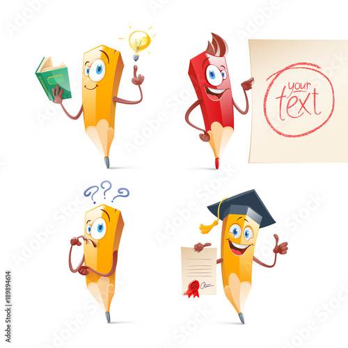 Set of cute funny pencil cartoon. Education, school