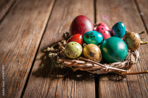 colored chicken and quail eggs in a small nest on wooden background for Holy festival of Easter