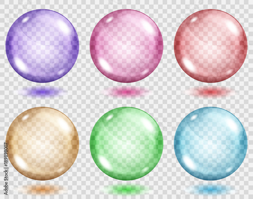 Set of translucent colored spheres with shadows on transparent background. Transparency only in vector format
