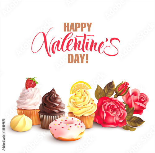Valentine   s Day background with roses and sweets. Vector illustration.