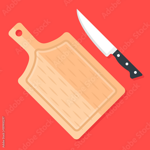 Kitchen knife and cutting board. Top view. Flat design. Vector illustration
