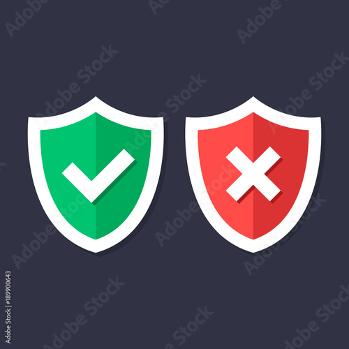 Shields and check marks icons set. Red and green shield with checkmark and x mark. Protection, safety, security, reliability concepts. Modern flat design graphic elements. Vector icons