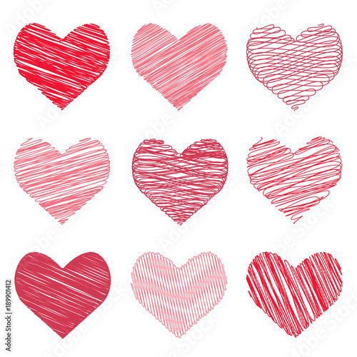 Vector illustration of a collection hand-drawn image in the hearts form for Valentine's Day. Red hearts doodles.