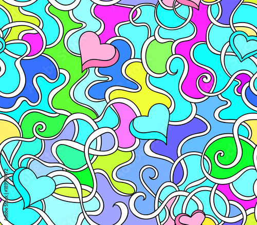 Colorful vector seamless pattern with multicolored lines, hearts, ornaments