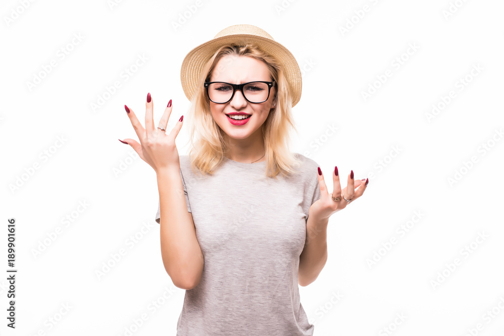 Portrait of blonde beautiful woman in straw hat isolated on white background Portrait of blonde beautiful woman in straw hat isolated on white background
