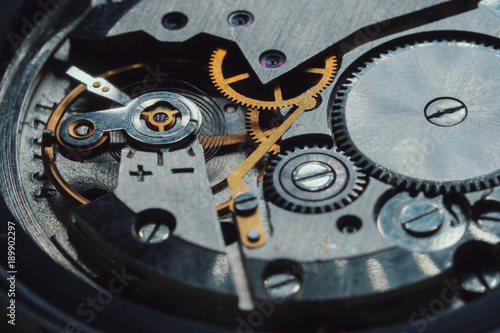 Wallpaper Mural open clockwork, gears. Old vintage clock mechanism working, closeup shot with soft focus. Antique pocket watch, macro of mechanism time going fast. Torontodigital.ca