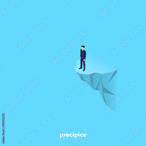 a man in a business suit stands on the edge of a rock, isometric image