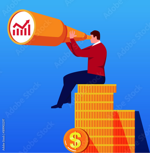 Businessman holding telescope sitting on a pile of gold coins looking far away