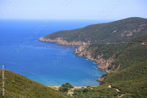 Aerial panoramic view of sea lagoon and blue sky with clouds Travel nature landscape. panoramic view of the mountains and the ocean of Halkidiki Sithonia