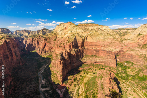 Wide angle panorama view of Zion Canyon  with the virgin river  Angels Landing Trail  Zion National Park  Utah  USA