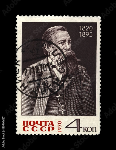 Friedrich Engels (1820-1895), famous politician leader, circa 1970. canceled vintage postal stamp of USSR isolated on black background.