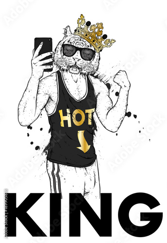 Fototapeta Naklejka Na Ścianę i Meble -  Tiger in the crown. A guy with a sports body in a T-shirt. Vector illustration for a postcard or a poster, print for clothes.