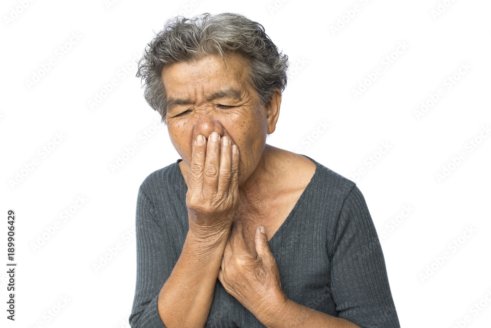 Old woman cough on white background ,Illness of the elderly problem concept Old woman cough on white background ,Illness of the elderly problem concept