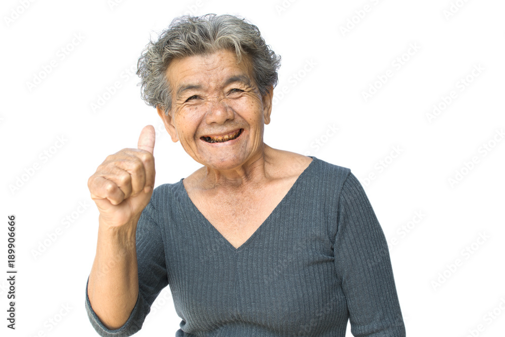 Happy Asian old woman smiling and joyful on white background Happy Asian old woman smiling and joyful on white background