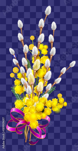 Yellow mimosa and fluffy branch of pussy willow bouquet