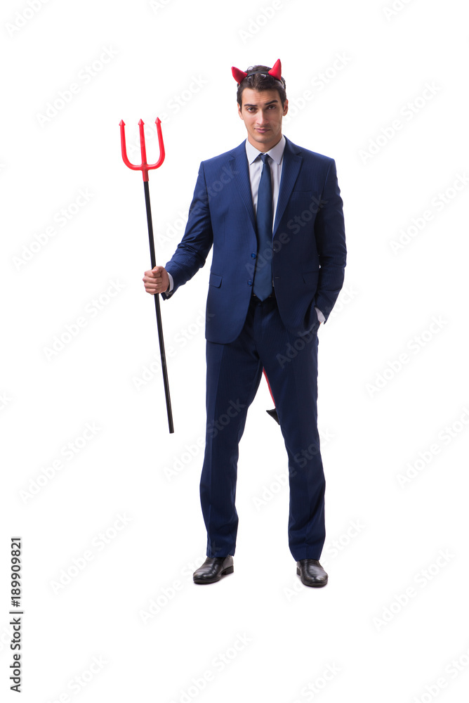 Evil devil businessman with pitchfork isolated on white backgrou Evil devil businessman with pitchfork isolated on white backgrou