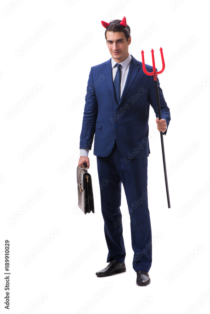 Evil devil businessman with pitchfork isolated on white backgrou Evil devil businessman with pitchfork isolated on white backgrou