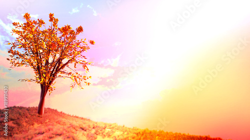 Golden tree and beautiful sunset sky. Camera depth of field effect. 3d rendering picture.