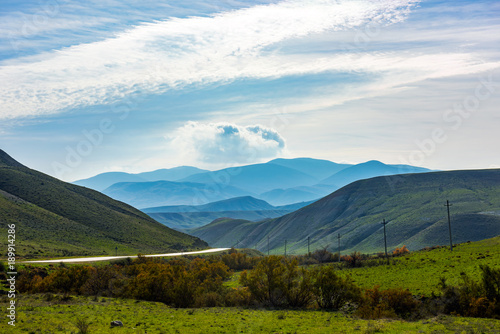 Hilly mountains in the valley, mountain landscape