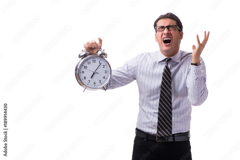 Young businessman in time management concept on white background Young businessman in time management concept on white background