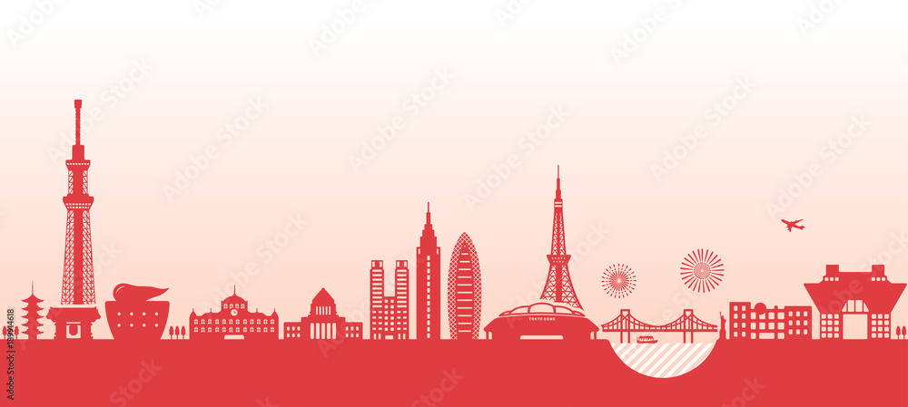 Fototapeta premium Tokio gród ilustracja. słynny budynek, architektura. / kolor czerwony