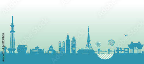 Tokyo cityscape illustration. famous landmark building ,architecture. / blue color