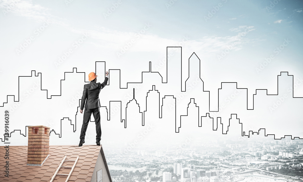 Man architect draw silhouette of modern city on blue sky. Mixed Man architect draw silhouette of modern city on blue sky. Mixed
