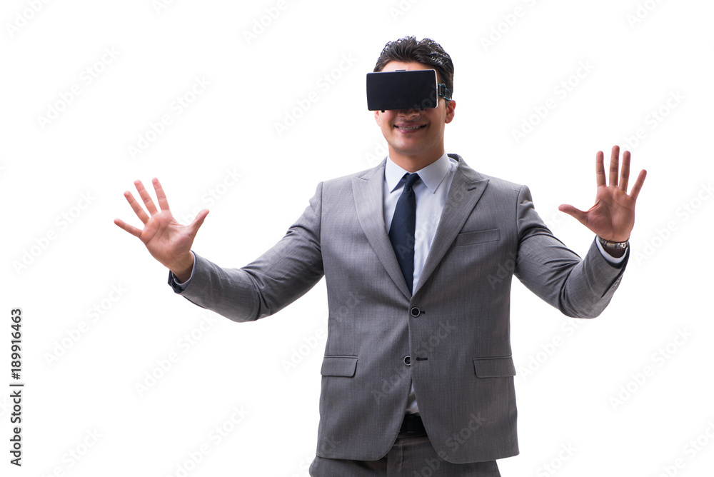 Businessman wearing virtual reality VR glasses isolated on white Businessman wearing virtual reality VR glasses isolated on white