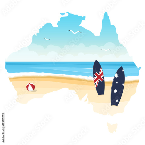 Contour of Australia with ocean, beach and surfboards isolated on a white background. Day of Australia.