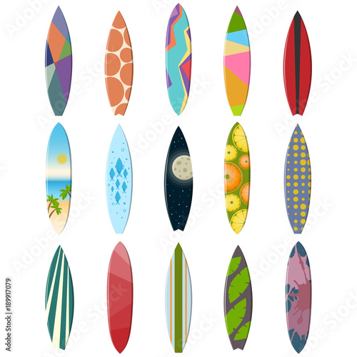 Collection of multicolored surfboards on a white background.