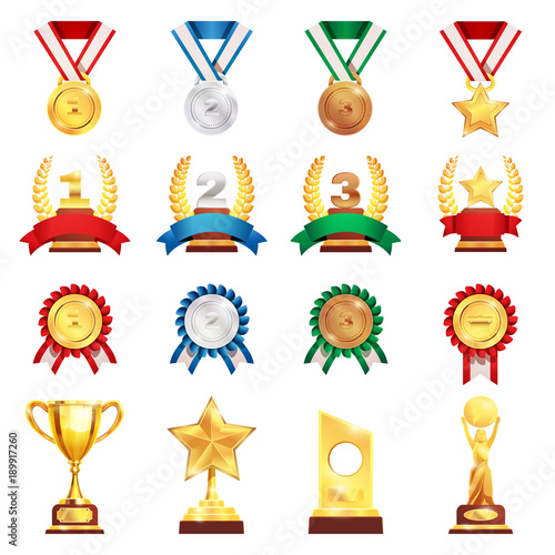 Award Trophy Medal Realistic Set 